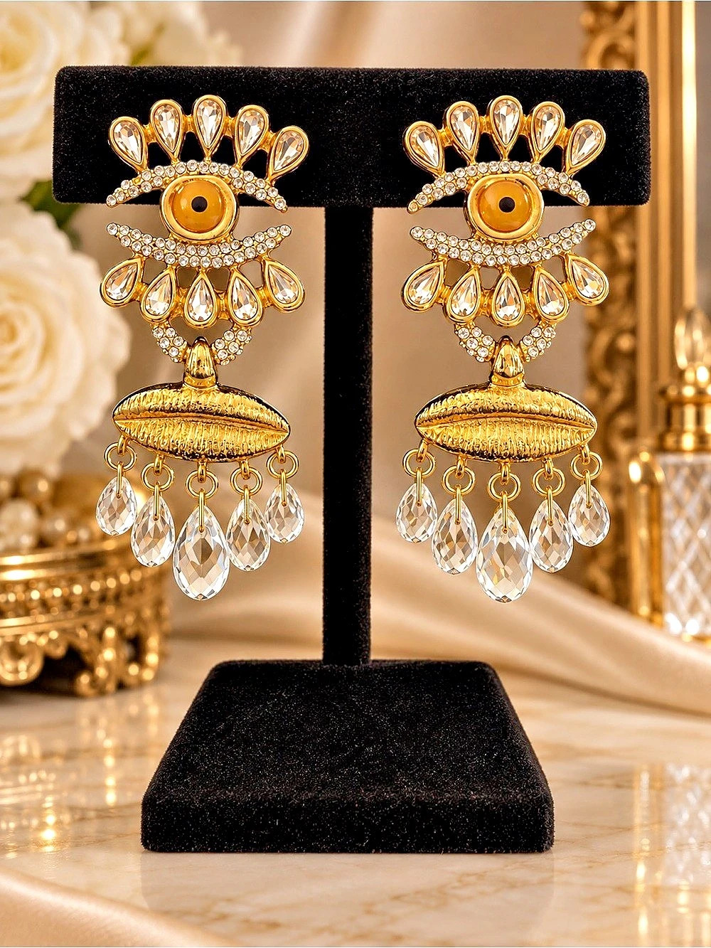 Luxury Crystal Mouth & Eye Drop Earrings in Gold